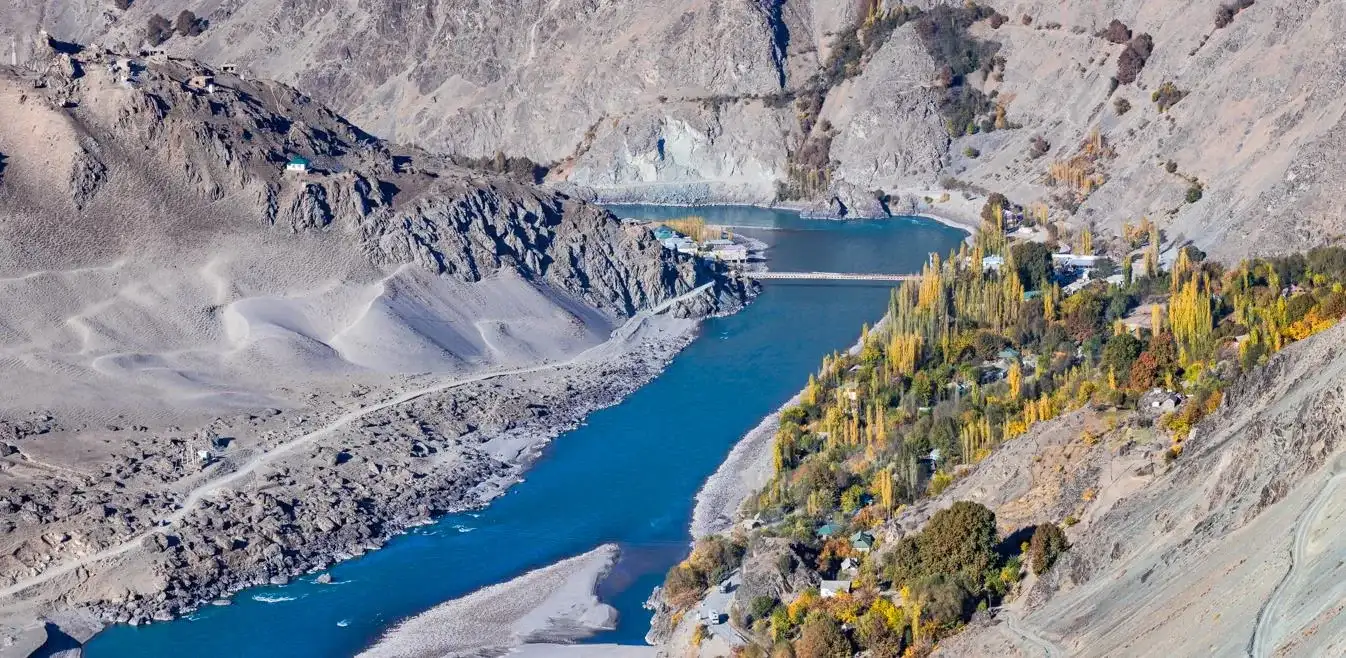 The Pamir Highway tracing the Panj river canyon along the Tajik-Afghan border