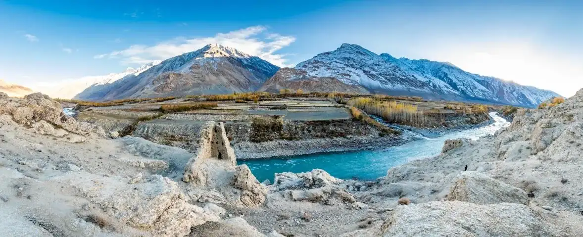 Fortress ruins on a flat plateau with the snow-streaked Hindu Kush in the distance